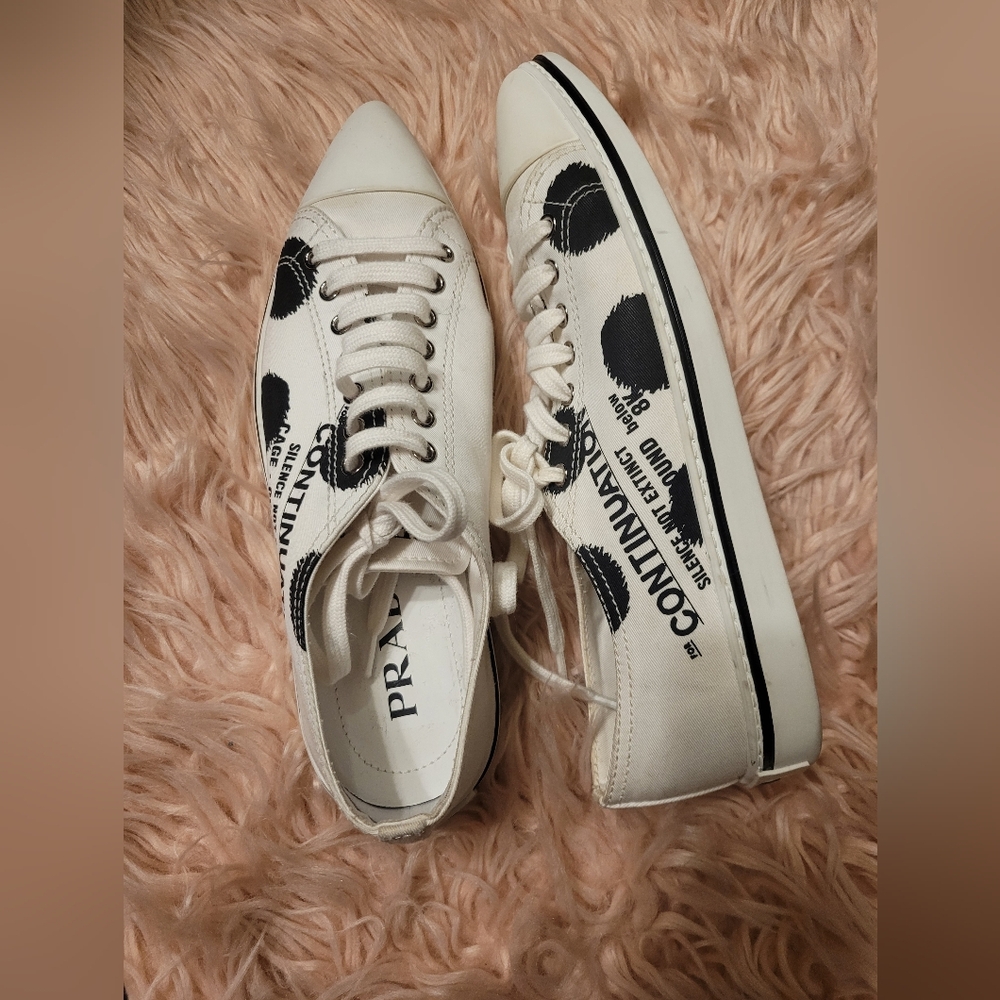 Prada Women's 1E617M White Fabric Synthesis Polka Dot Pointy Sneakr - Picture 2 of 7